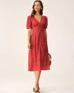 Red Polka Dot Ruched Midi Dress