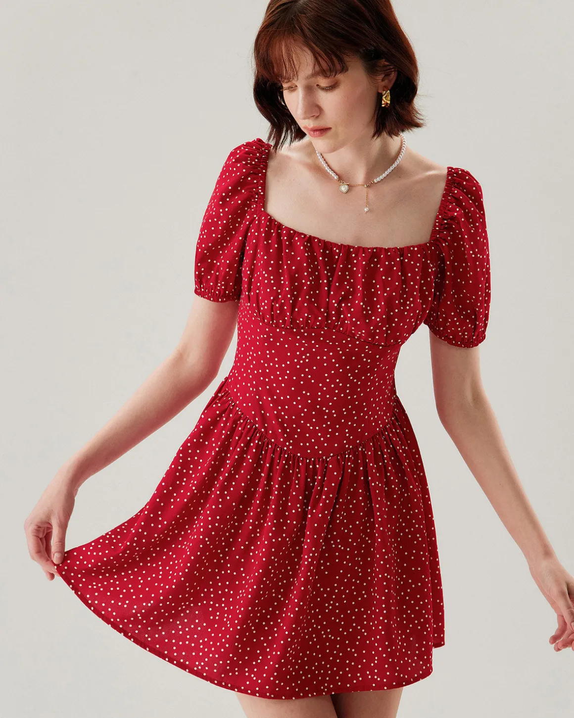 Red Polka Dot Square Neck Mini Dress