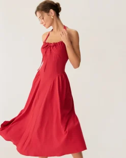 Red Ruched Halter Midi Dress