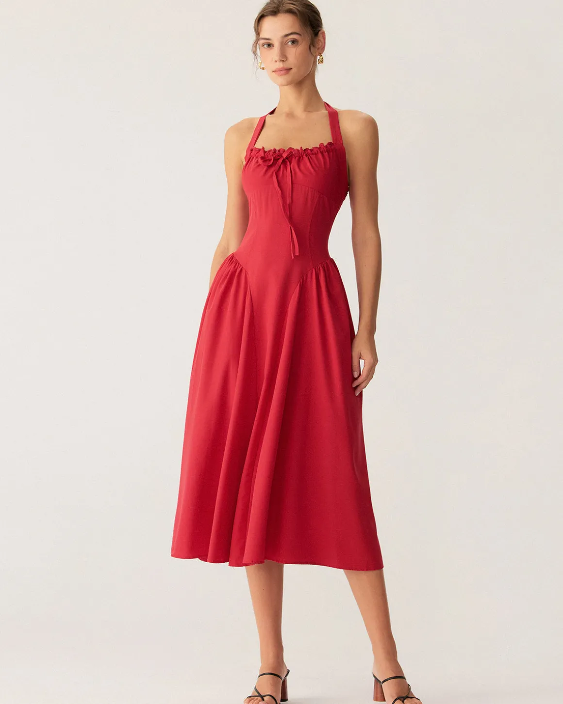Red Ruched Halter Midi Dress