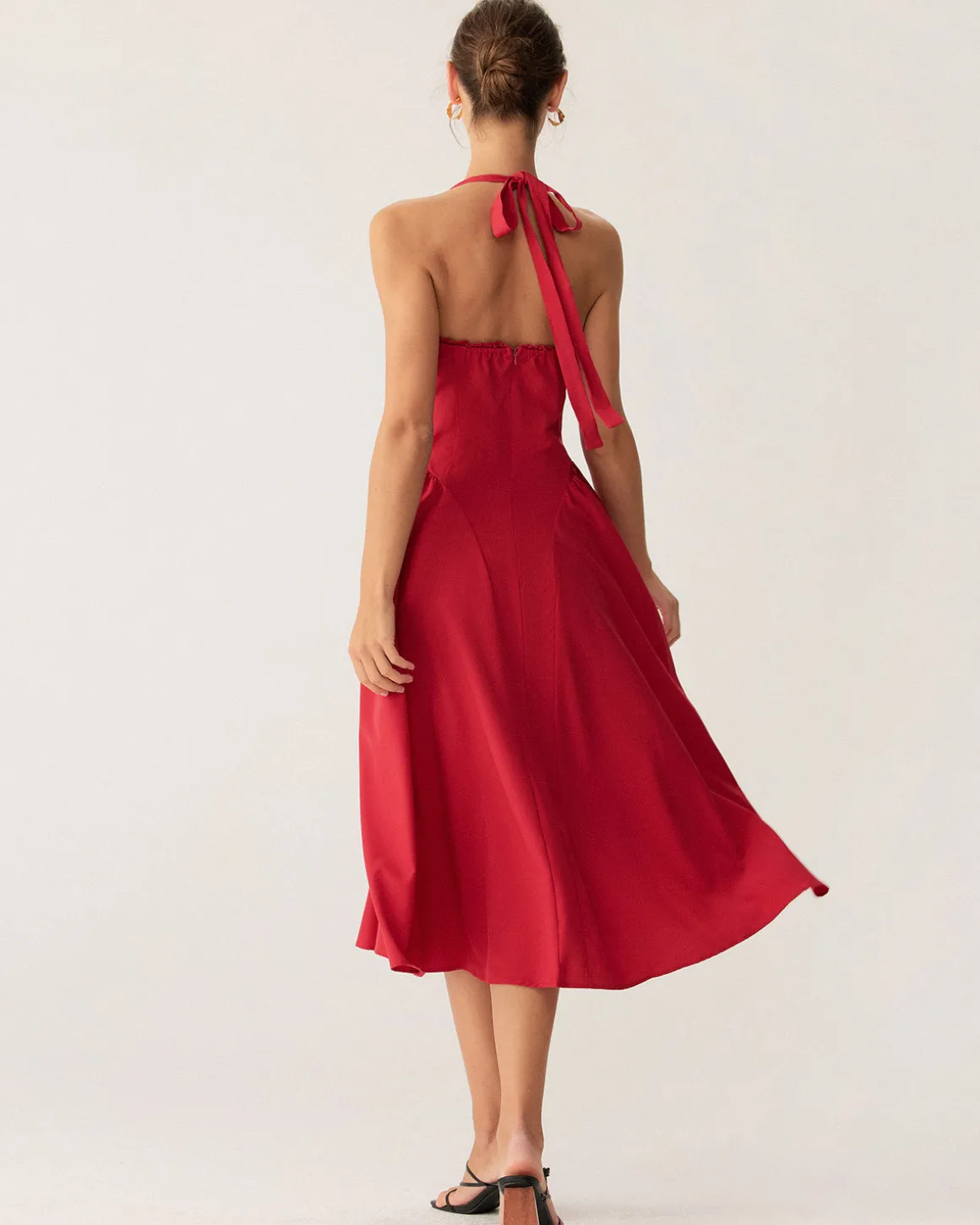 Red Ruched Halter Midi Dress