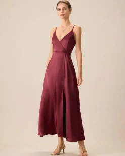 Red Satin Slit Maxi Dress