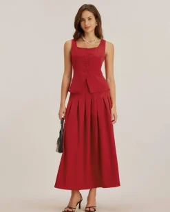 Red Skirt Two Piece Set