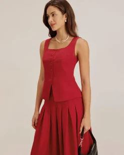 Red Skirt Two Piece Set