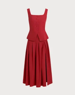 Red Skirt Two Piece Set