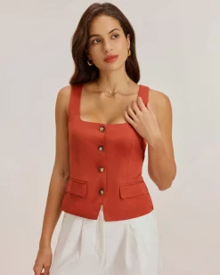 Red Square Neck Button Vest