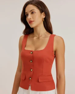 Red Square Neck Button Vest