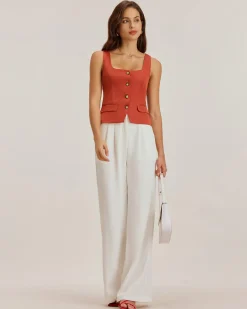 Red Square Neck Button Vest