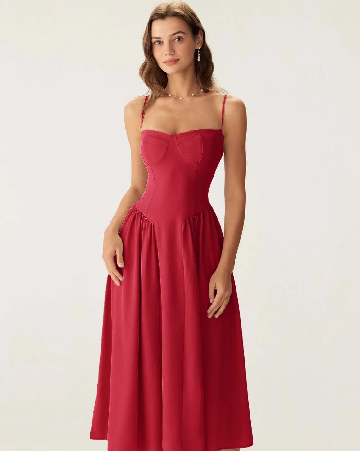 Red Square Neck Pocket Slip Midi Dress