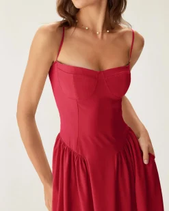 Red Square Neck Pocket Slip Midi Dress