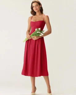 Red Square Neck Pocket Slip Midi Dress