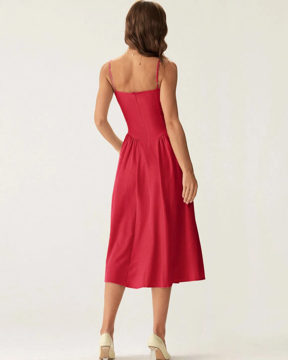 Red Square Neck Pocket Slip Midi Dress