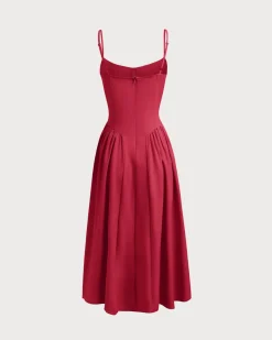Red Square Neck Pocket Slip Midi Dress