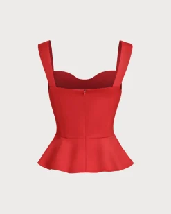 Red Sweetheart Neck Ruffle Tank Top