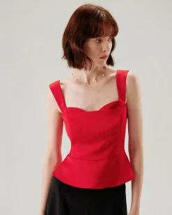Red Sweetheart Neck Ruffle Tank Top