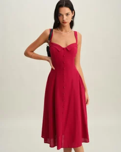 Red Sweetheart Neck Slip Midi Dress