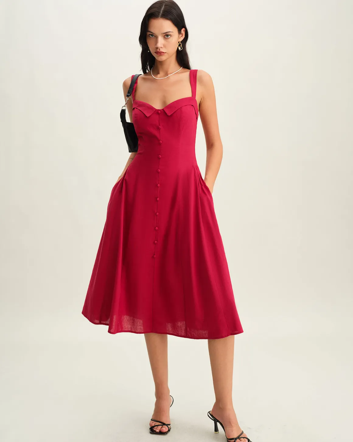 Red Sweetheart Neck Slip Midi Dress