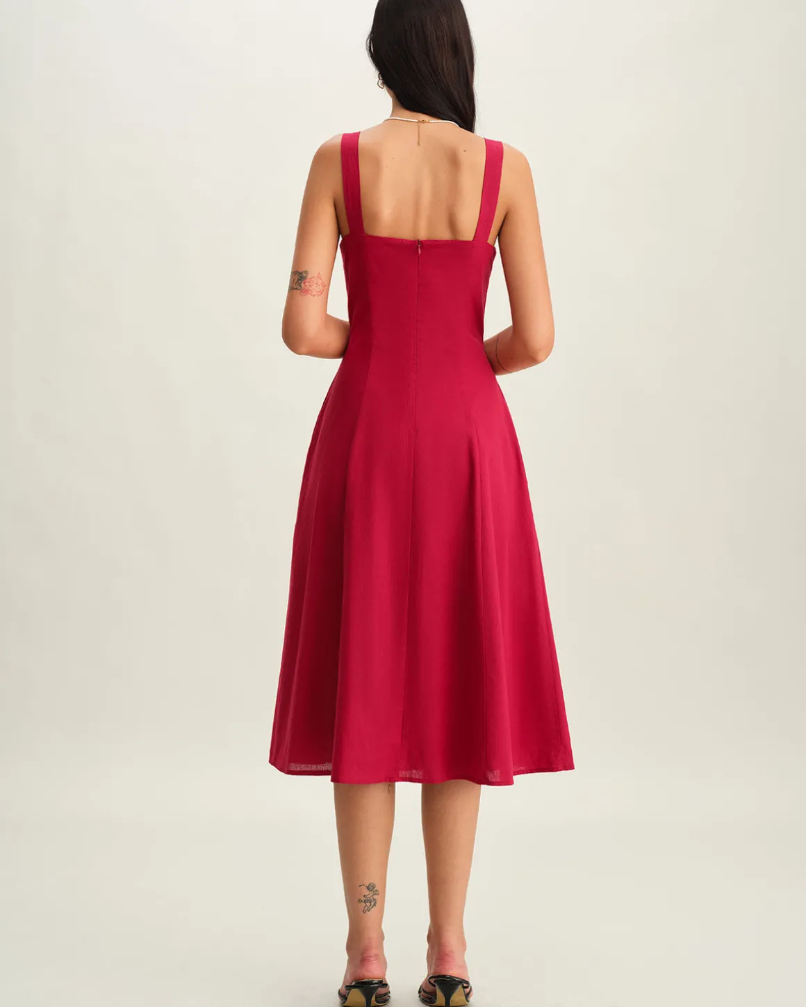 Red Sweetheart Neck Slip Midi Dress