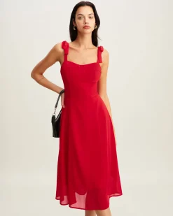 Red Sweetheart Neck Tie Strap Midi Dress