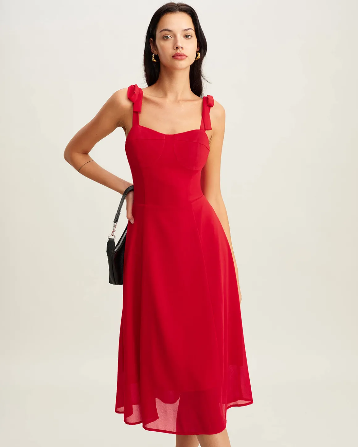 Red Sweetheart Neck Tie Strap Midi Dress