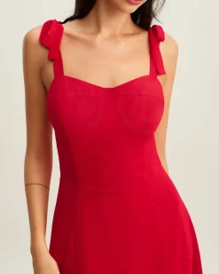 Red Sweetheart Neck Tie Strap Midi Dress