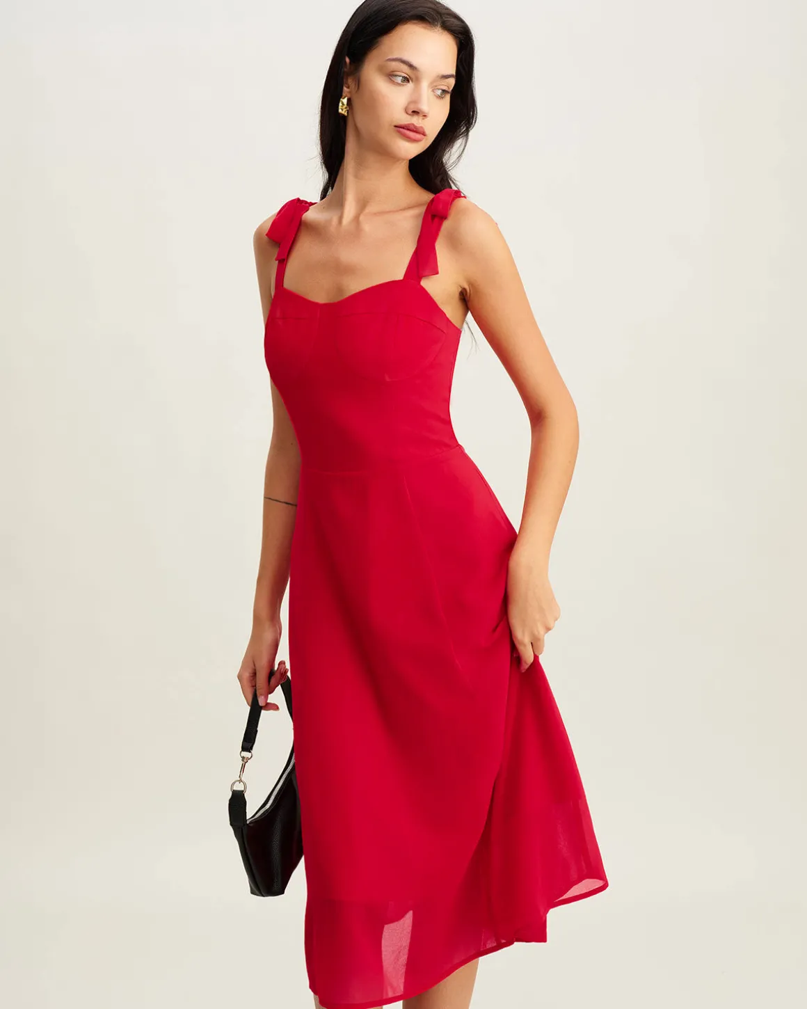Red Sweetheart Neck Tie Strap Midi Dress