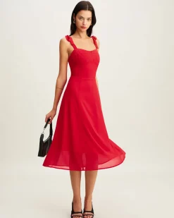 Red Sweetheart Neck Tie Strap Midi Dress