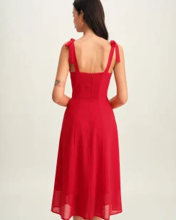 Red Sweetheart Neck Tie Strap Midi Dress