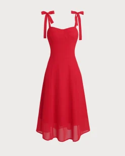 Red Sweetheart Neck Tie Strap Midi Dress