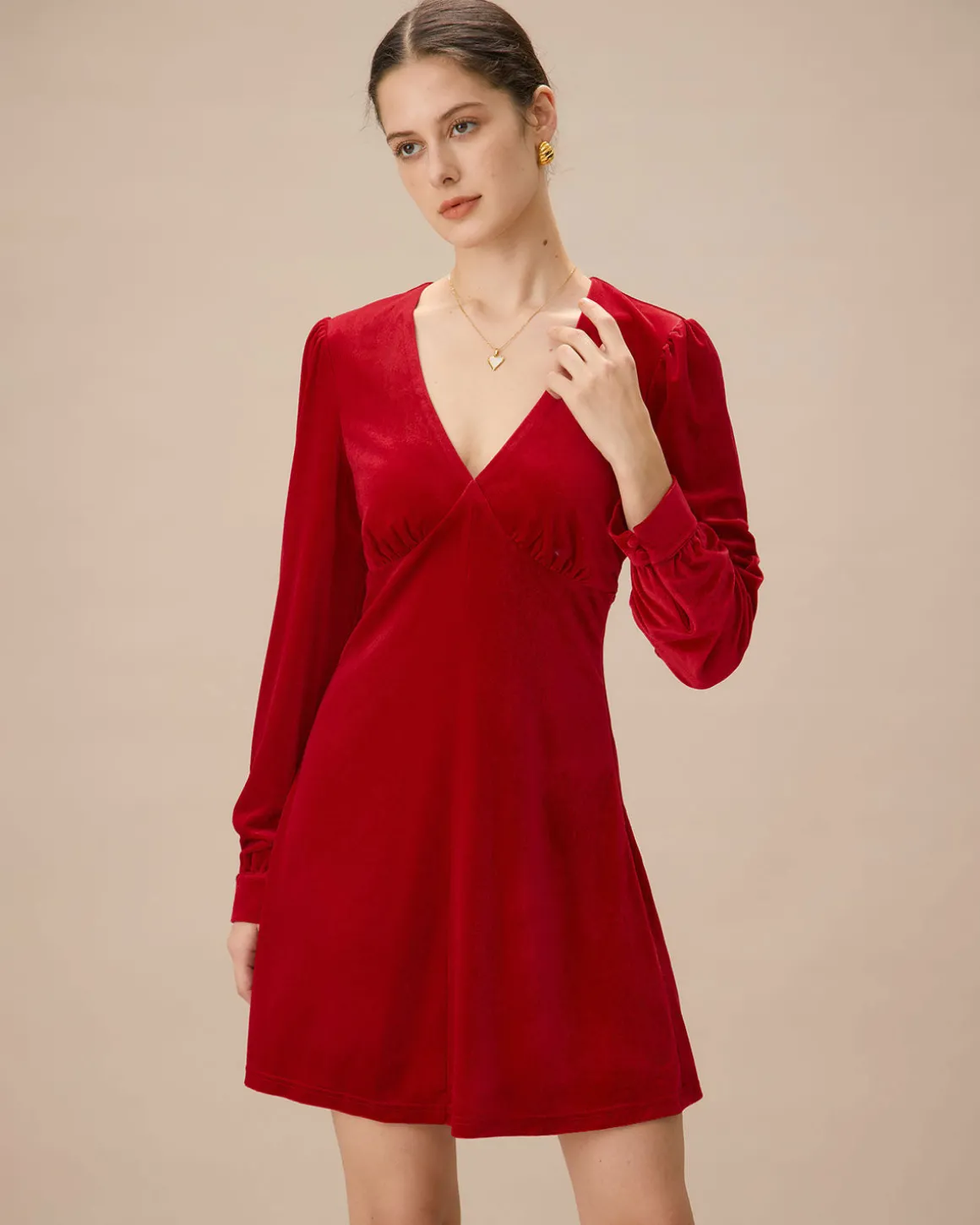 Red Velvet Puffed Sleeve A-Line Mini Dress
