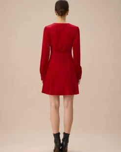 Red Velvet Puffed Sleeve A-Line Mini Dress