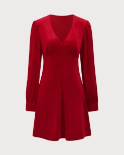 Red Velvet Puffed Sleeve A-Line Mini Dress