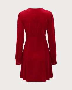 Red Velvet Puffed Sleeve A-Line Mini Dress