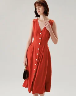 Red V-neck Button Sleeveless Midi Dress