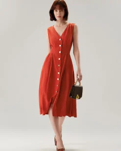 Red V-neck Button Sleeveless Midi Dress