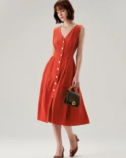 Red V-neck Button Sleeveless Midi Dress