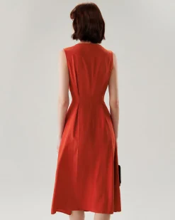Red V-neck Button Sleeveless Midi Dress