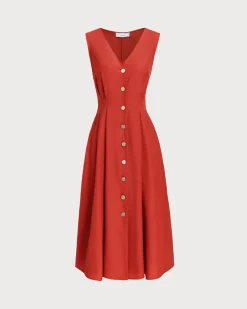 Red V-neck Button Sleeveless Midi Dress