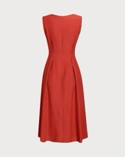 Red V-neck Button Sleeveless Midi Dress