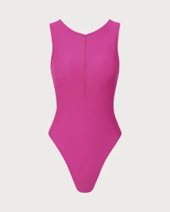 Rose Red Knit Zipper One-Piece Swimsuit