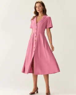 Rose Red V-Neck Button Midi Dress