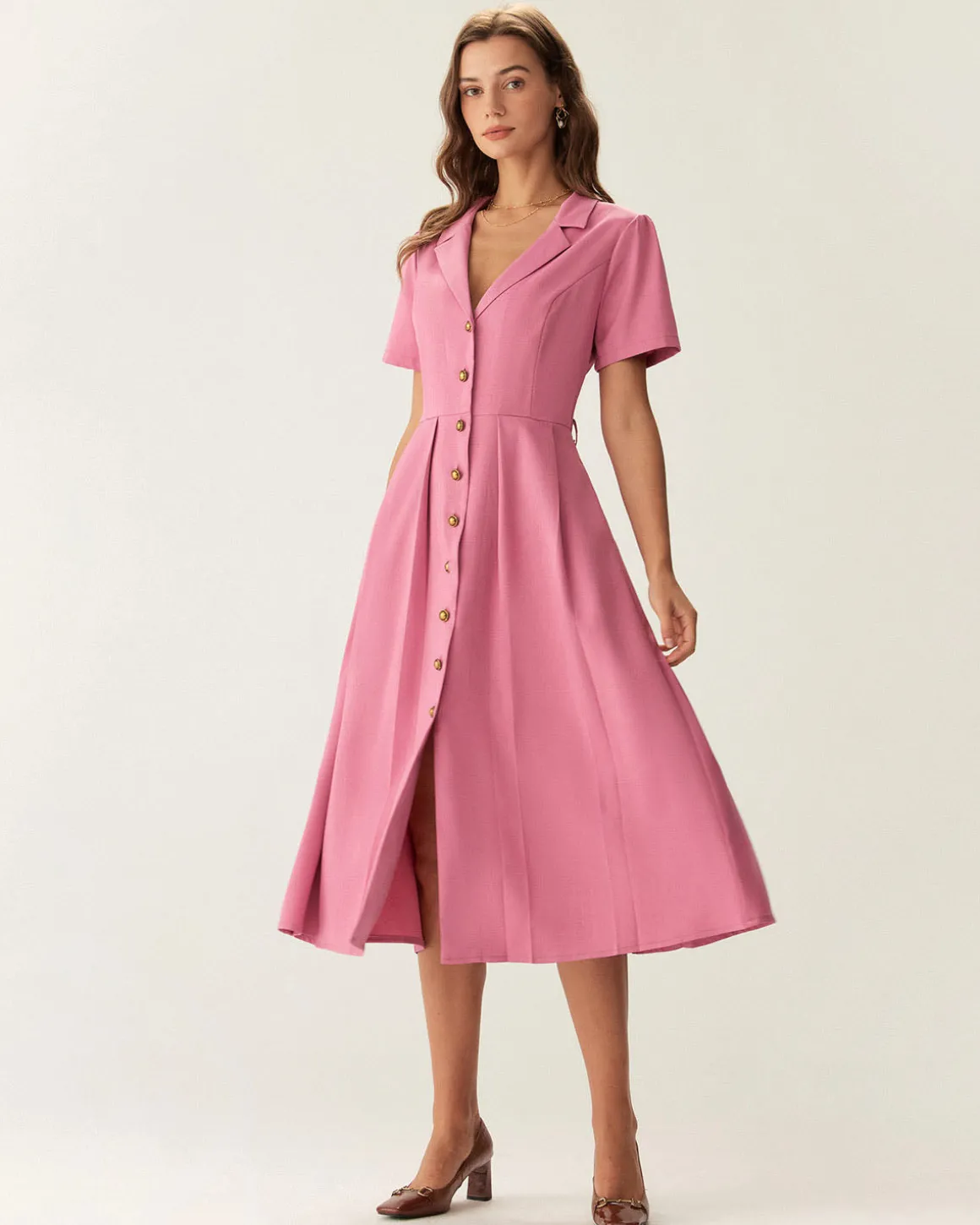Rose Red V-Neck Button Midi Dress