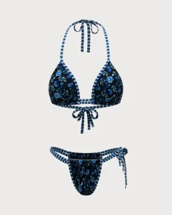 Royal Blue Knit Print Contrast Bikini Set