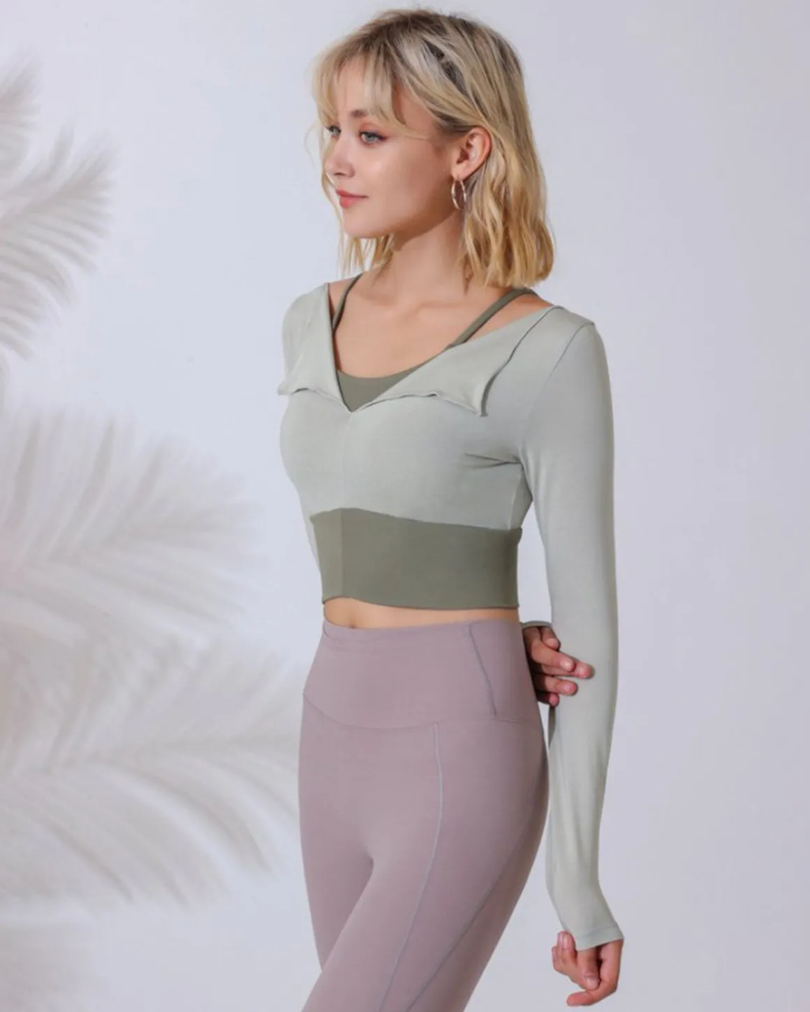 Sage Green Round Neck Long Sleeve Top - Light Support