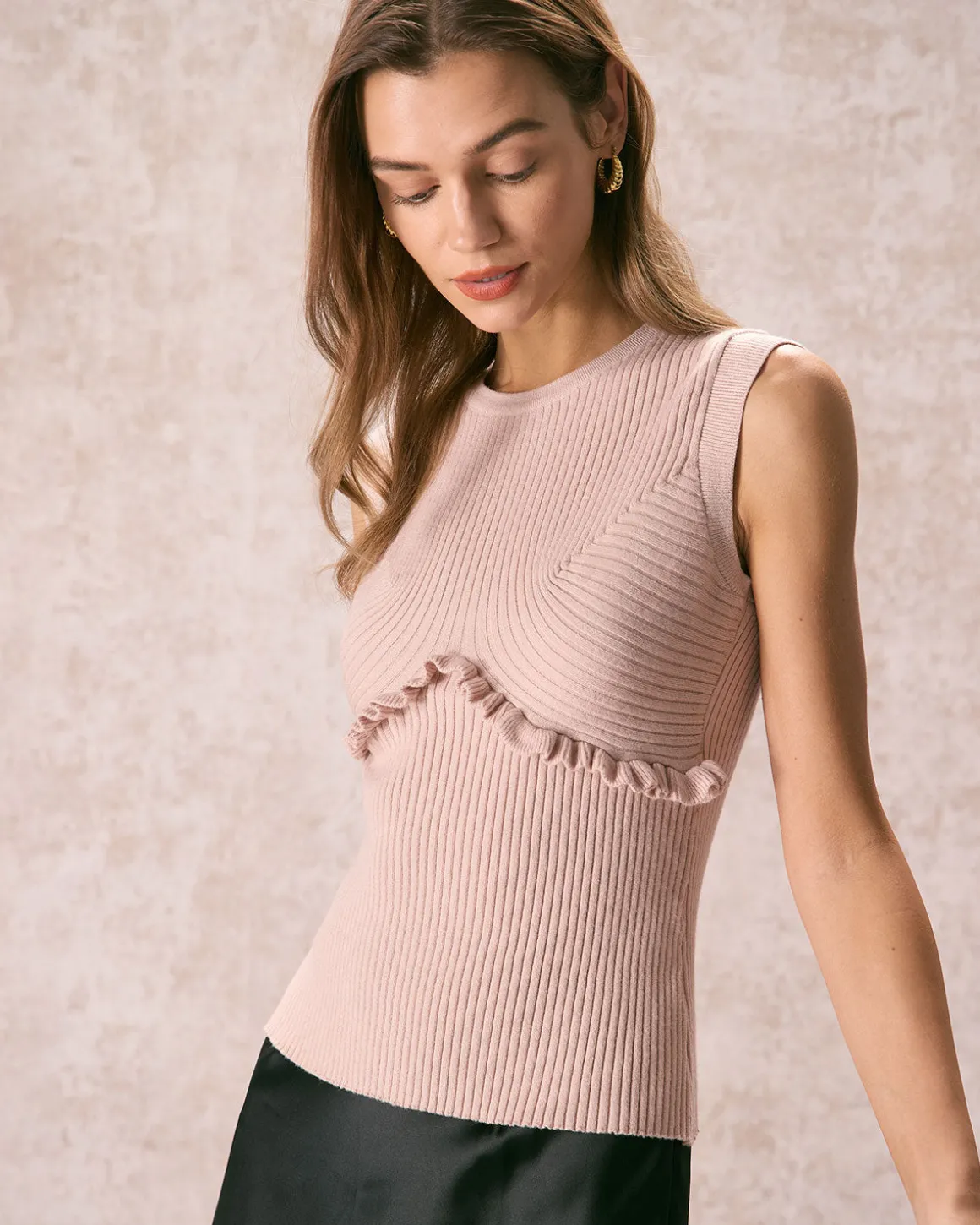 The Apricot Crew Neck Ruffle Knit Tank Top