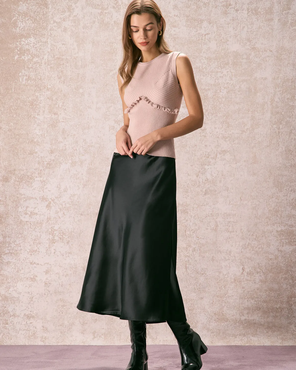 The Apricot Crew Neck Ruffle Knit Tank Top