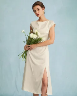 The Apricot Satin Cap Sleeve Sheath Slit Midi Dress