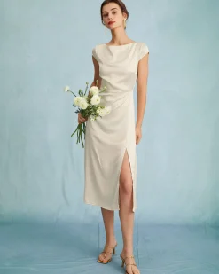 The Apricot Satin Cap Sleeve Sheath Slit Midi Dress
