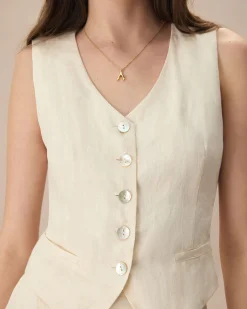 The Apricot V Neck Button-Up Linen Vest