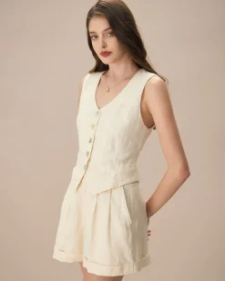 The Apricot V Neck Button-Up Linen Vest